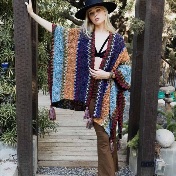 Colorful Crochet Patterned Ruana in Indigo - Picture 13 of 14